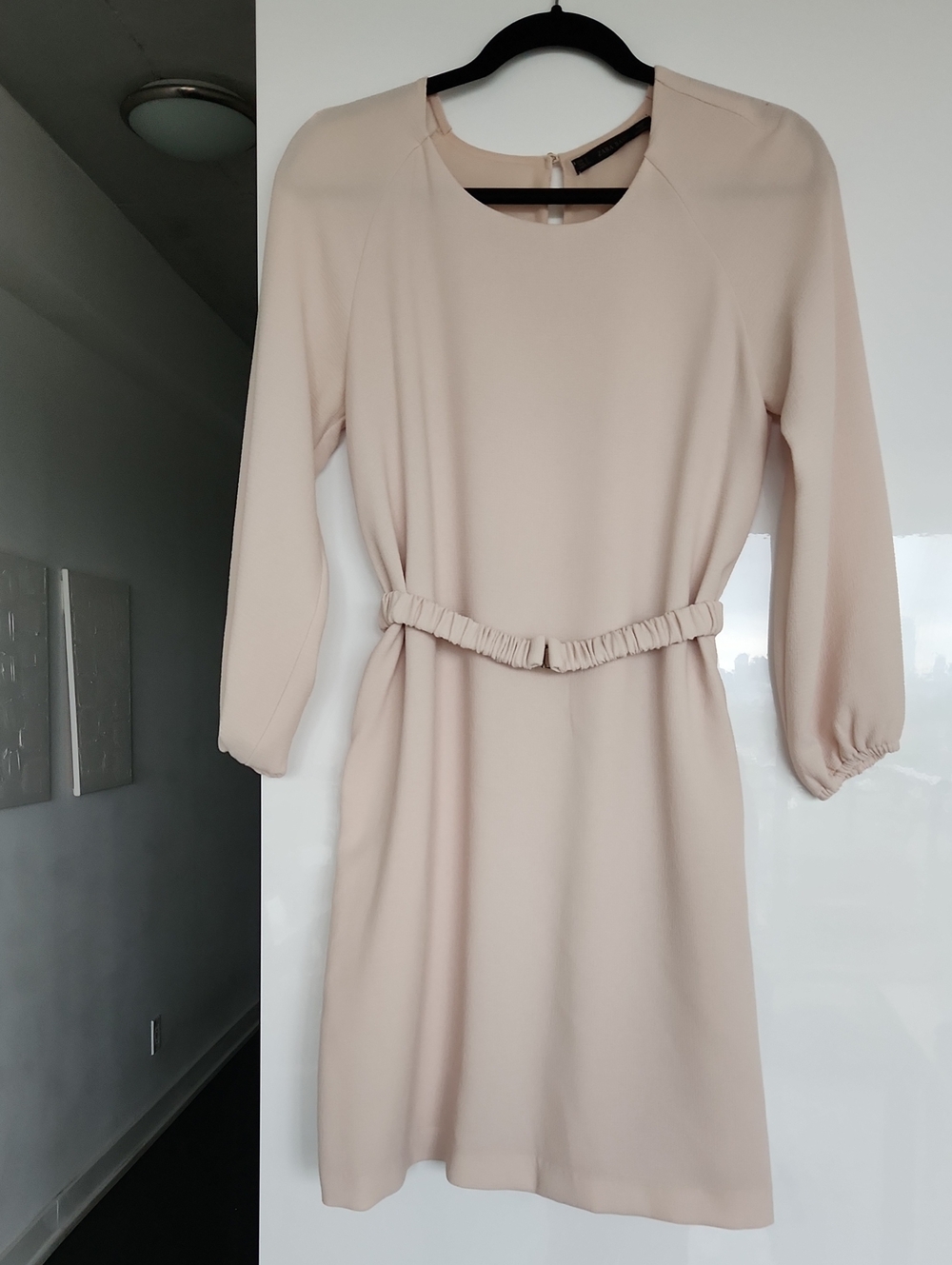 Zara Cream Long-Sleeve Belted Shift Dress